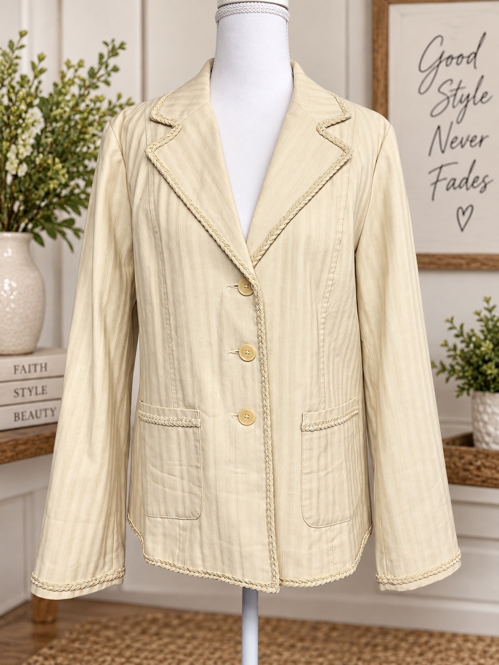 Denim & Co. Cream Braided Trim Blazer Jacket Size Medium